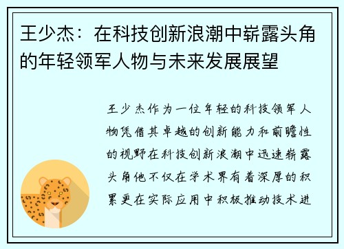 王少杰：在科技创新浪潮中崭露头角的年轻领军人物与未来发展展望