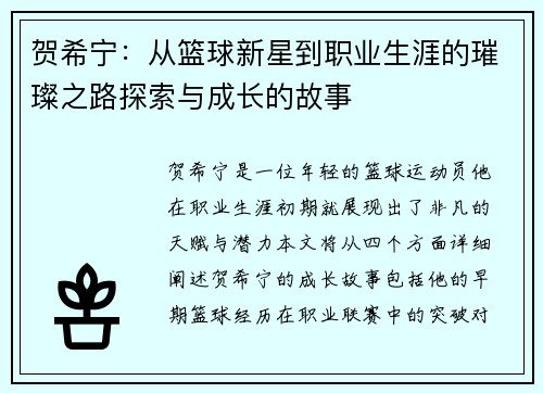 贺希宁：从篮球新星到职业生涯的璀璨之路探索与成长的故事