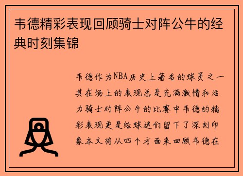 韦德精彩表现回顾骑士对阵公牛的经典时刻集锦