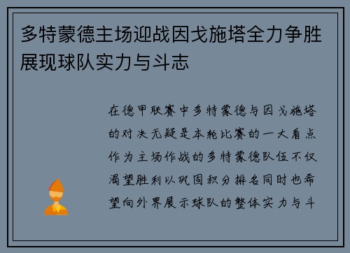 多特蒙德主场迎战因戈施塔全力争胜展现球队实力与斗志