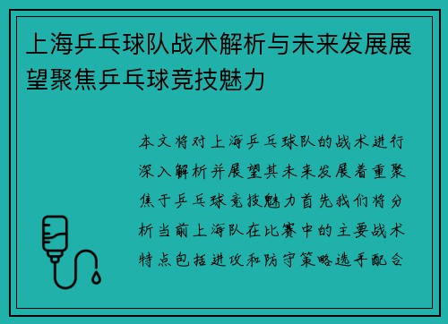 上海乒乓球队战术解析与未来发展展望聚焦乒乓球竞技魅力