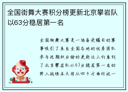 全国街舞大赛积分榜更新北京攀岩队以63分稳居第一名